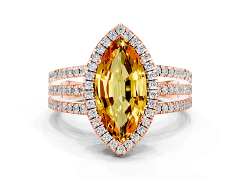 Rose gold {shape_name} Citrine Halo Engagement Ring with Split Shank and Four-Prong Setting