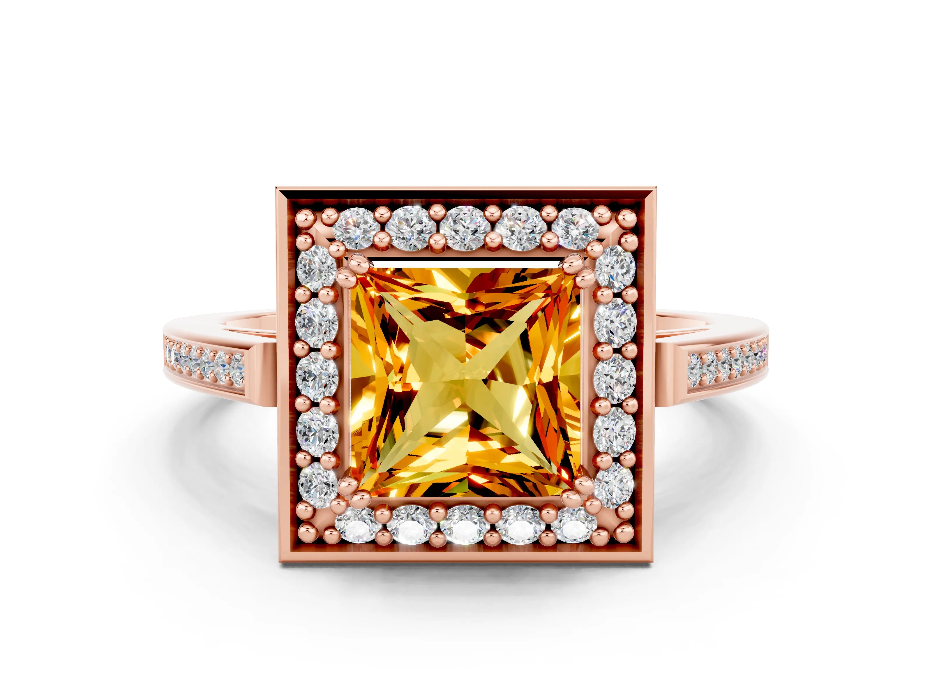 Rose gold {shape_name} Citrine Halo Ring with Split Shank and Four-Prong Setting