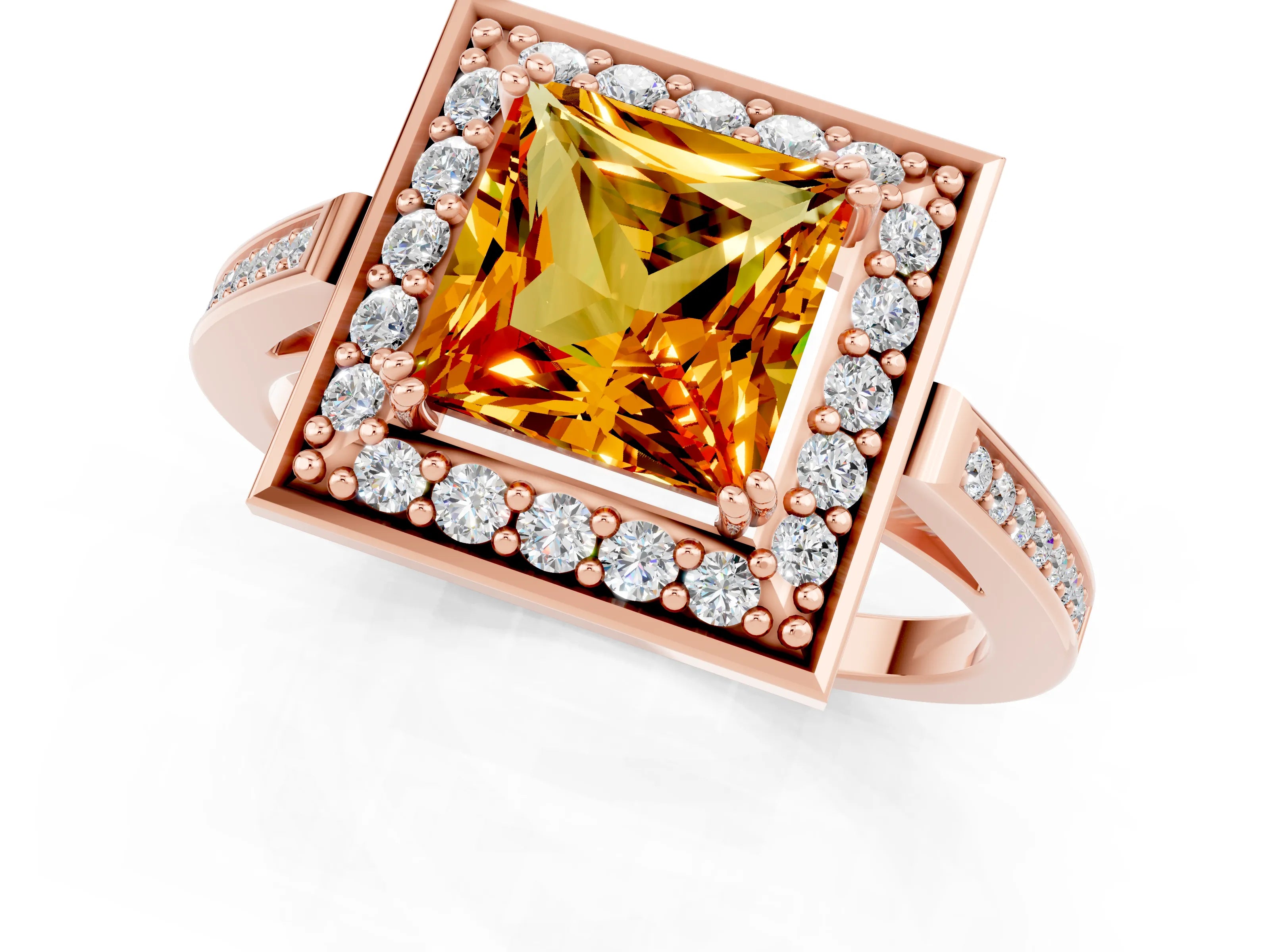 Rose gold {shape_name} Citrine Halo Ring with Split Shank and Four-Prong Setting_1