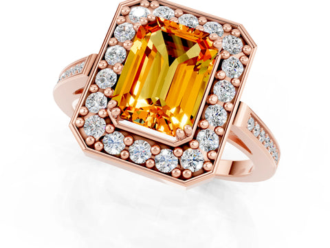 Rose gold {shape_name} Citrine Halo Ring with Split Shank and Four-Prong Setting_1