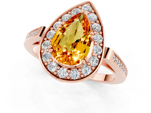 Rose gold Pear Cut Citrine Halo Ring with Split Shank and Four-Prong Setting