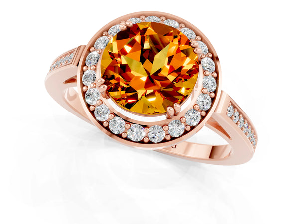 Rose gold Round Cut Citrine Halo Ring with Split Shank and Four-Prong Setting