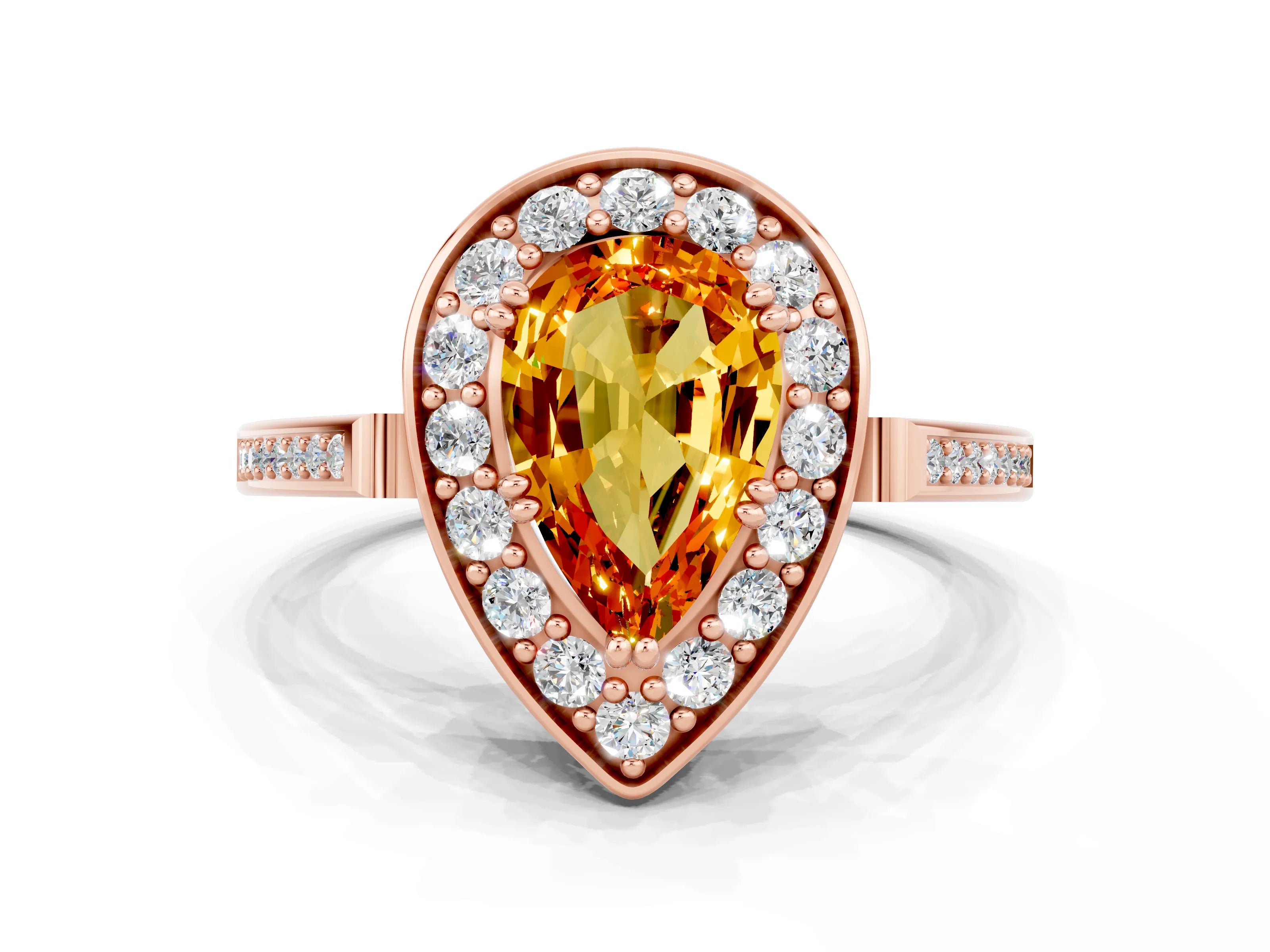 Rose gold {shape_name} Citrine Halo Ring with Split Shank and Four-Prong Setting
