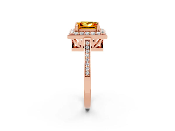 Rose gold Princess Cut Citrine Halo Ring with Split Shank and Four-Prong Setting
