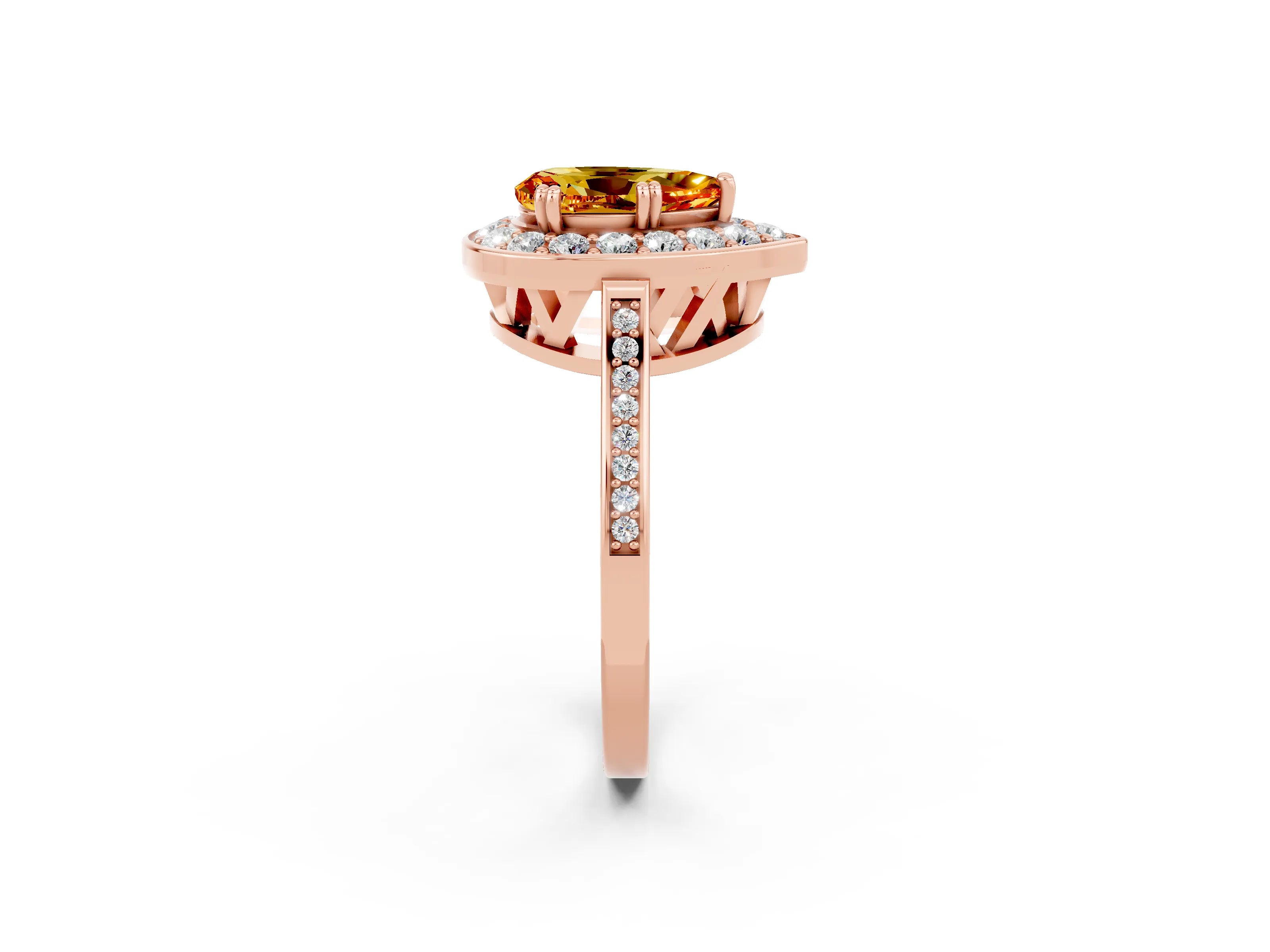 Rose gold {shape_name} Citrine Halo Ring with Split Shank and Four-Prong Setting_2