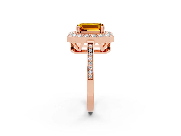 Rose gold Emerald Cut Citrine Halo Ring with Split Shank and Four-Prong Setting