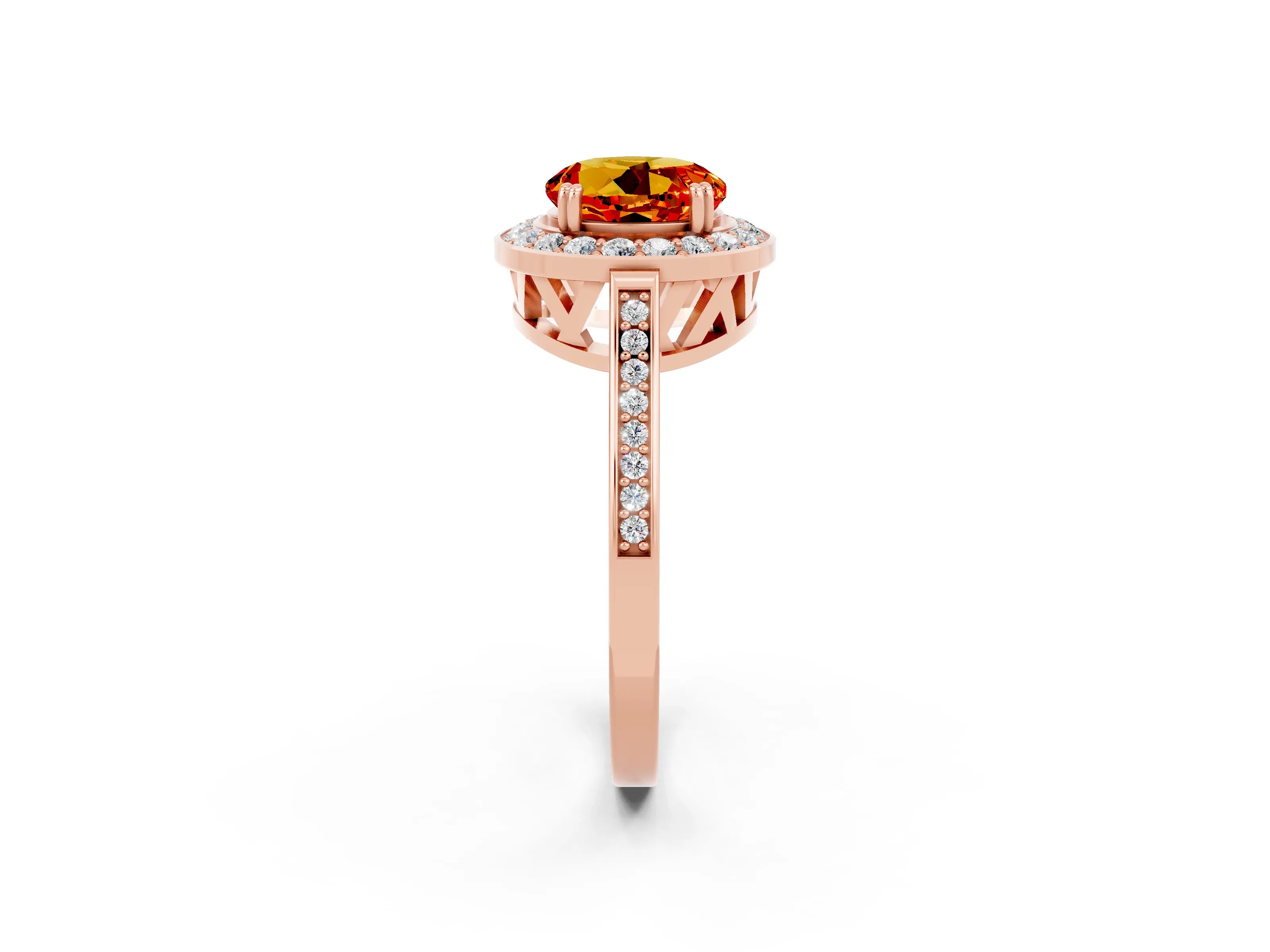Rose gold {shape_name} Citrine Halo Ring with Split Shank and Four-Prong Setting_2