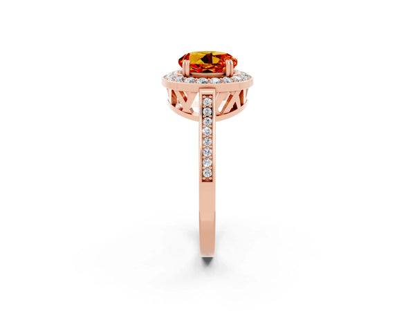Rose gold Round Cut Citrine Halo Ring with Split Shank and Four-Prong Setting