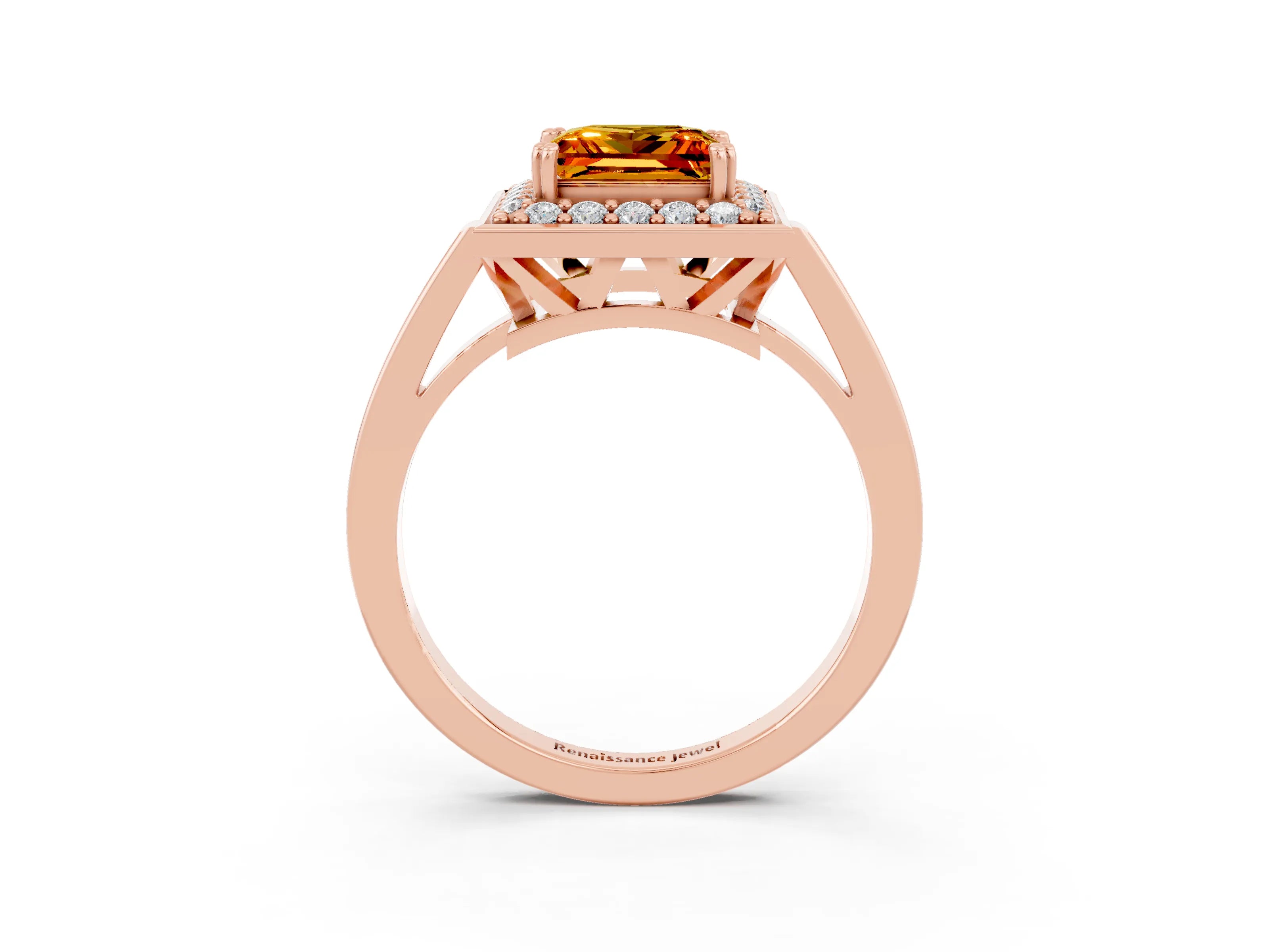 Rose gold {shape_name} Citrine Halo Ring with Split Shank and Four-Prong Setting_3