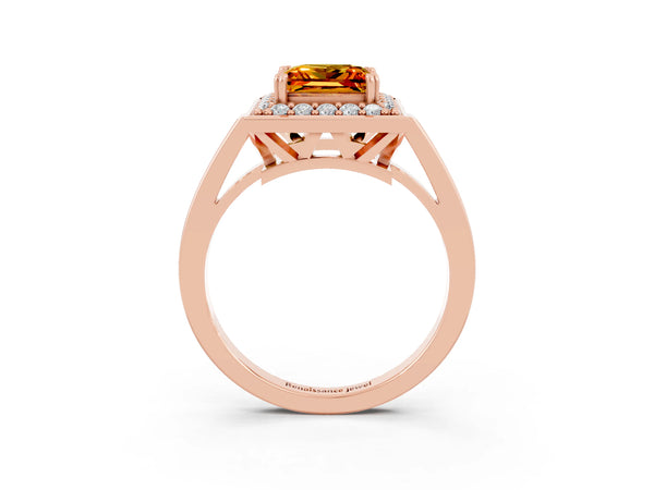 Rose gold Princess Cut Citrine Halo Ring with Split Shank and Four-Prong Setting