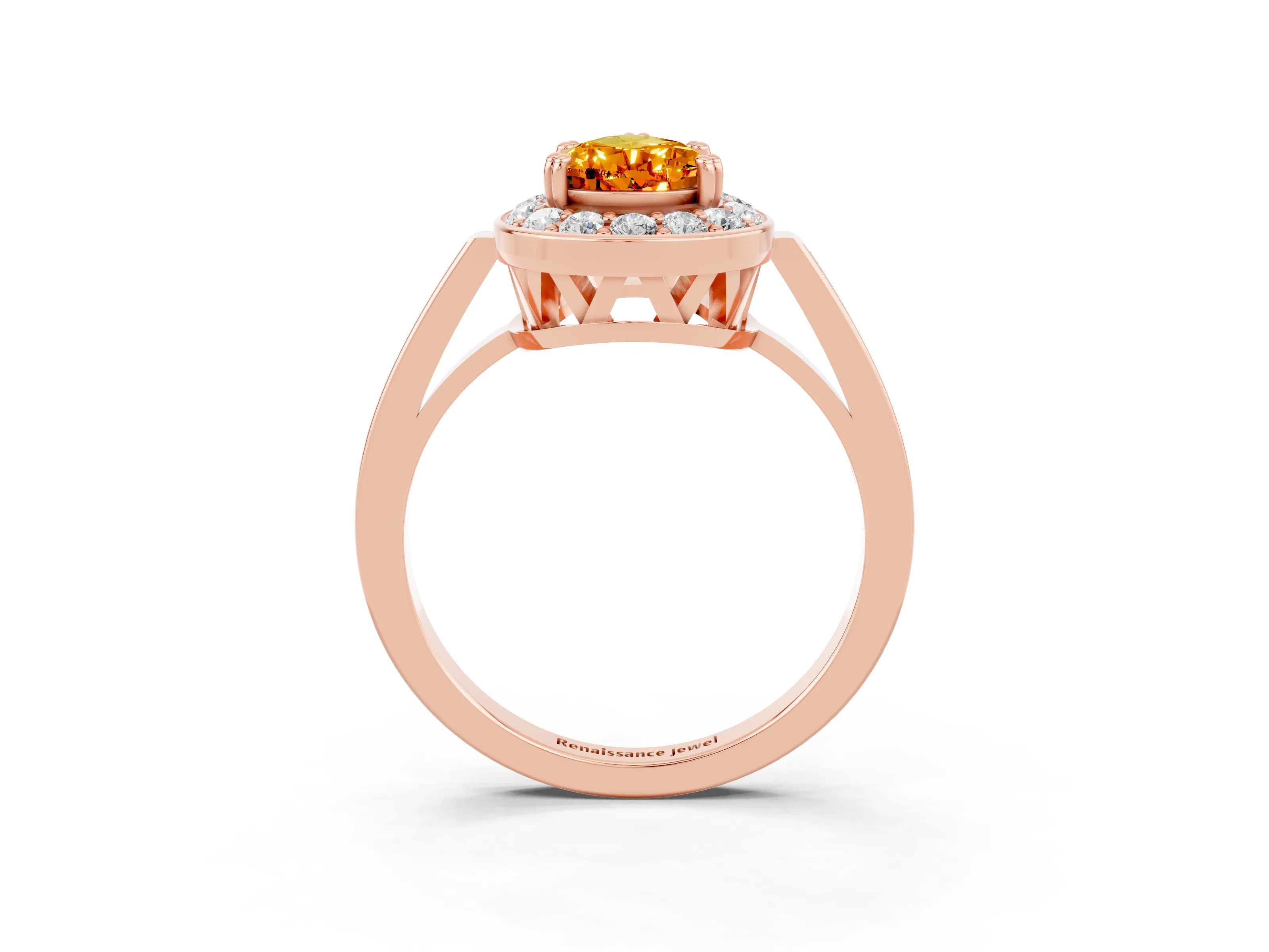 Rose gold {shape_name} Citrine Halo Ring with Split Shank and Four-Prong Setting_3