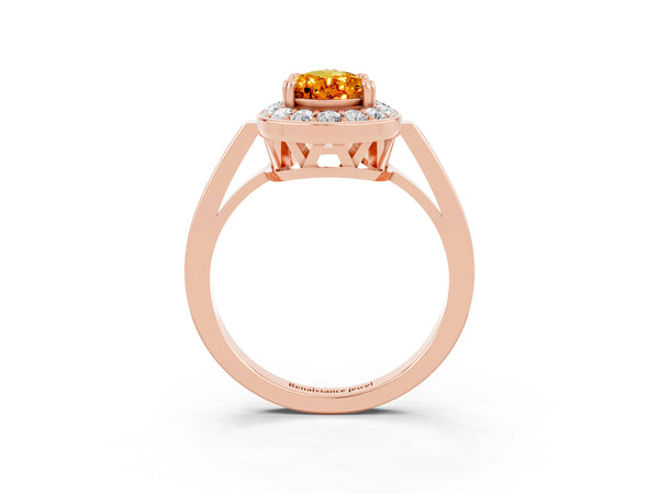 Rose gold Pear Cut Citrine Halo Ring with Split Shank and Four-Prong Setting