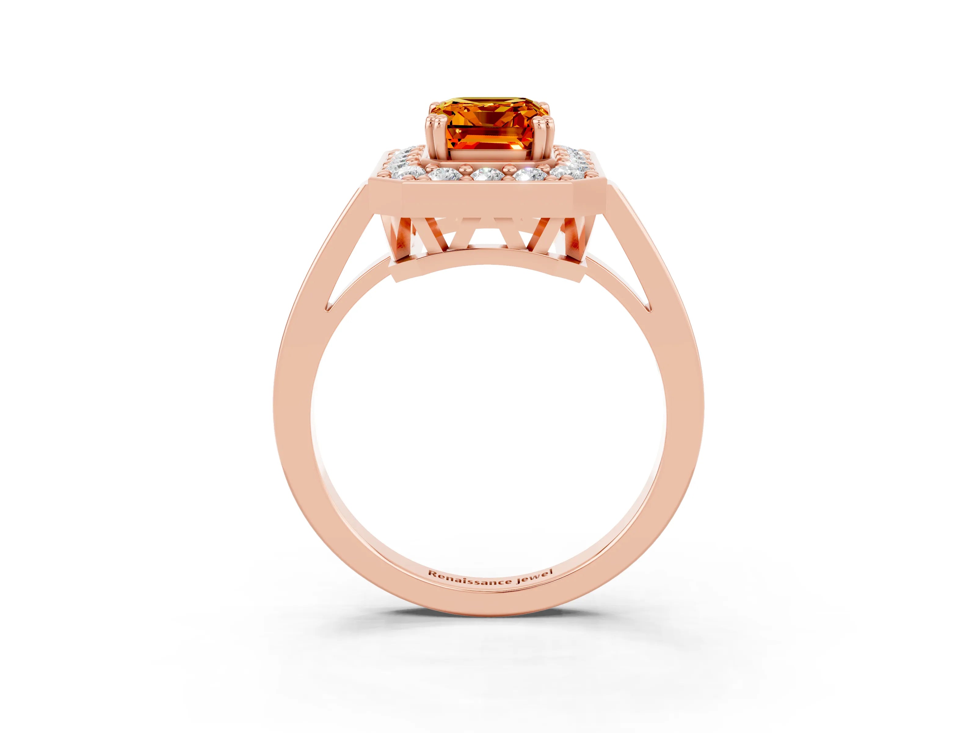 Rose gold {shape_name} Citrine Halo Ring with Split Shank and Four-Prong Setting_3