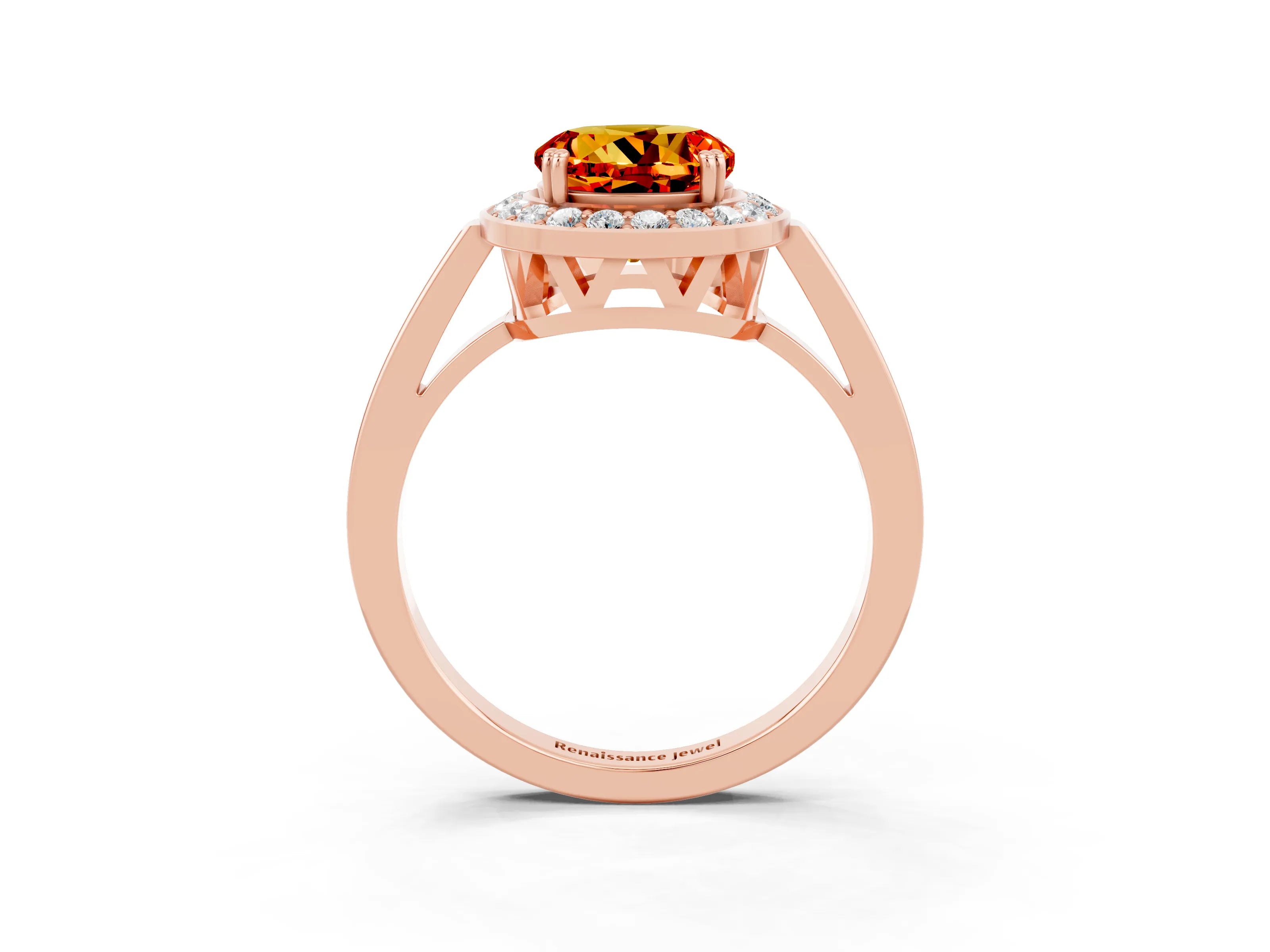 Rose gold {shape_name} Citrine Halo Ring with Split Shank and Four-Prong Setting_3