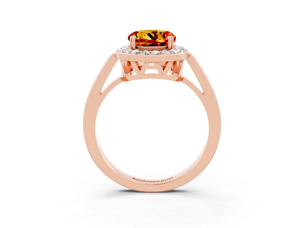 Rose gold Round Cut Citrine Halo Ring with Split Shank and Four-Prong Setting