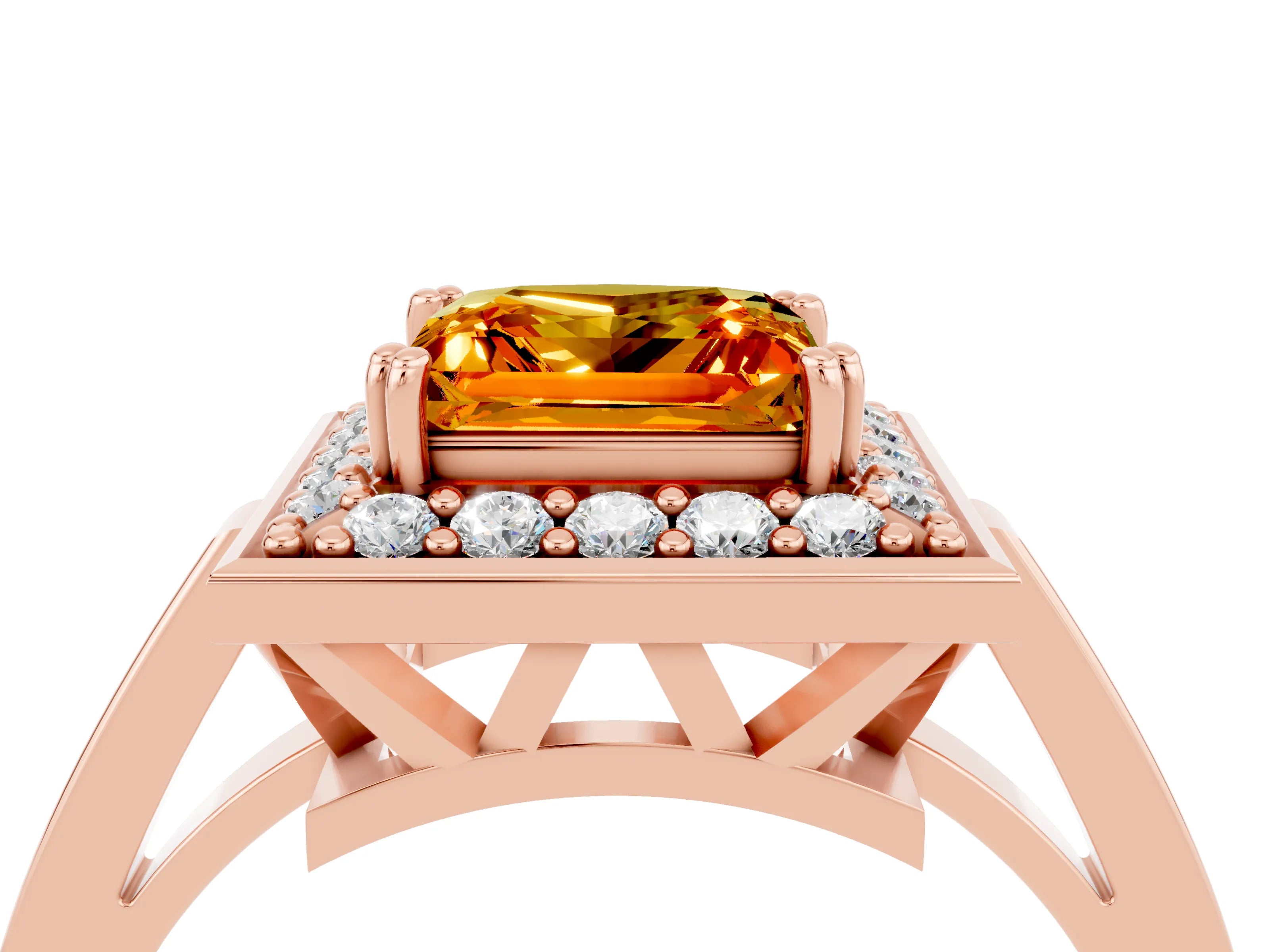 Rose gold {shape_name} Citrine Halo Ring with Split Shank and Four-Prong Setting_4