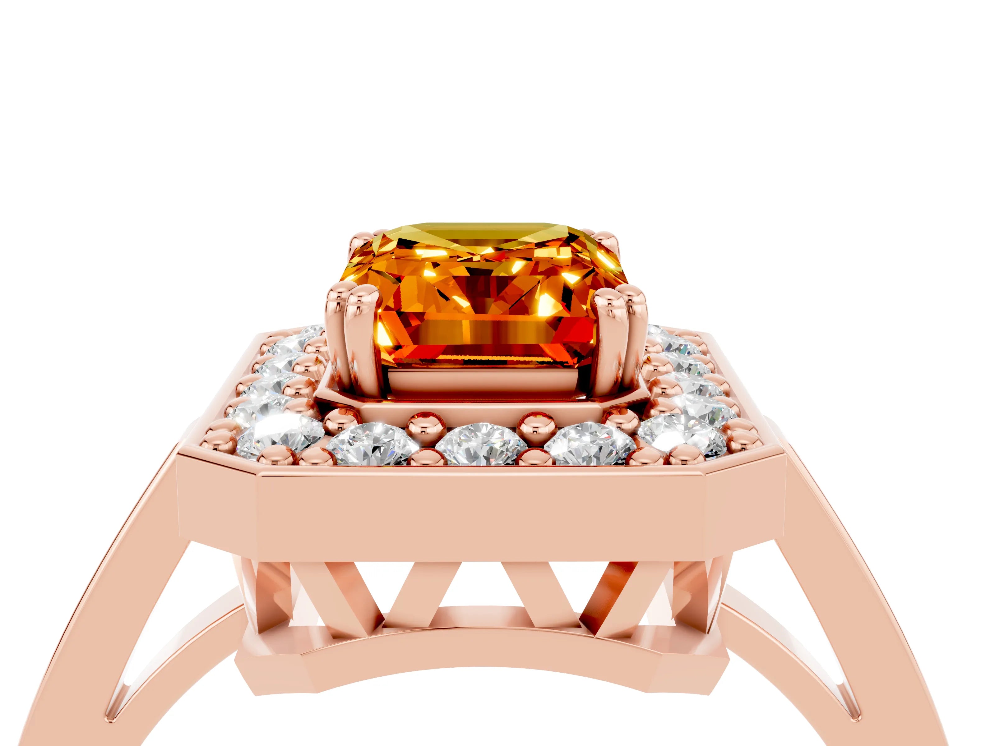 Rose gold {shape_name} Citrine Halo Ring with Split Shank and Four-Prong Setting_4