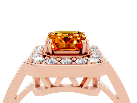 Rose gold {shape_name} Citrine Halo Ring with Split Shank and Four-Prong Setting_4