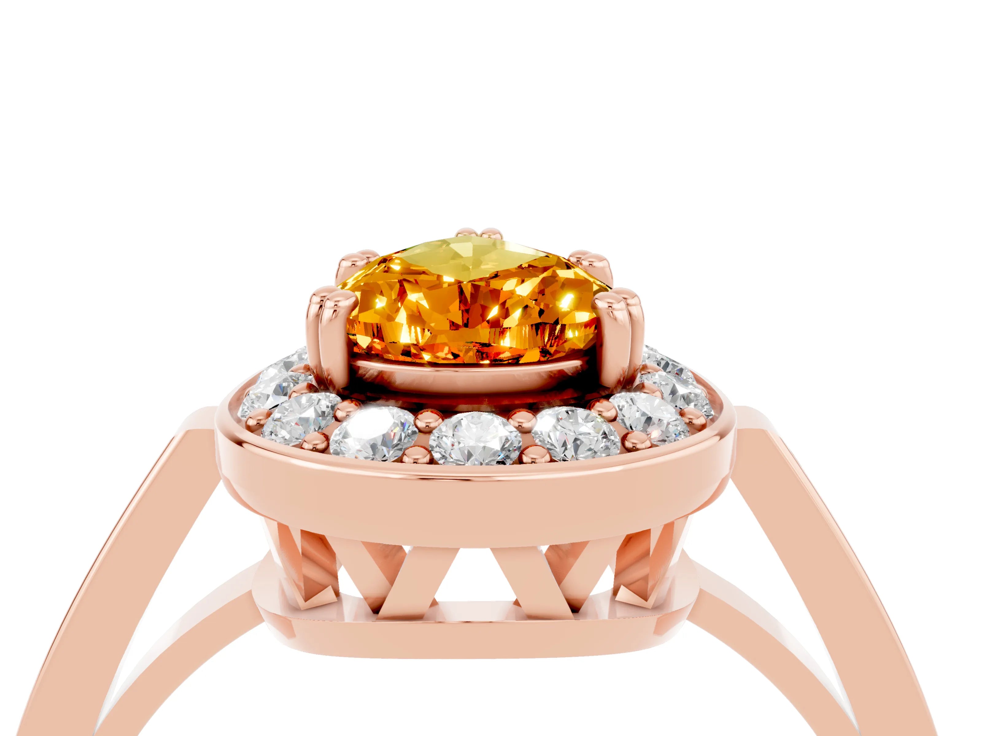 Rose gold {shape_name} Citrine Halo Ring with Split Shank and Four-Prong Setting_4