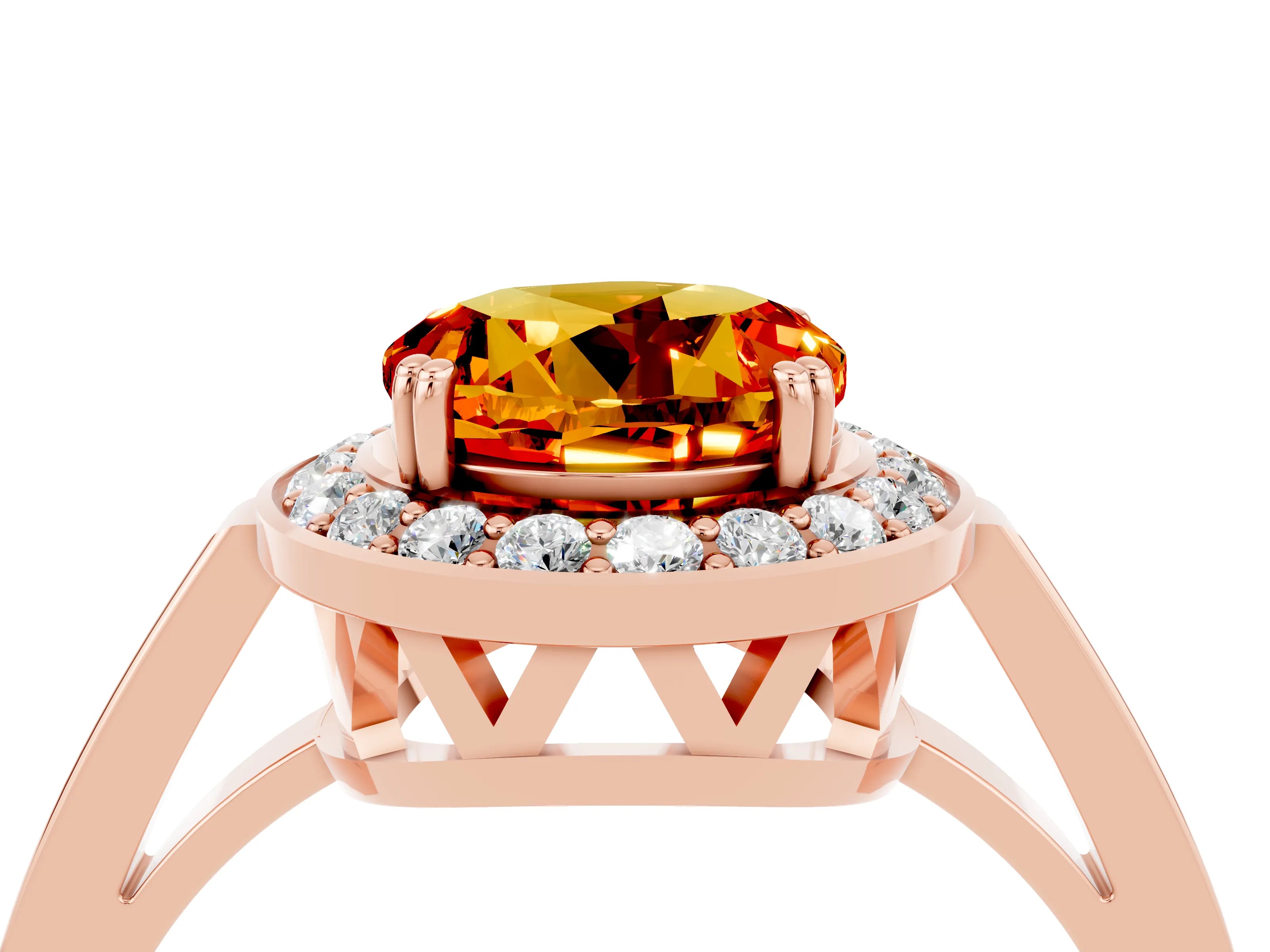 Rose gold {shape_name} Citrine Halo Ring with Split Shank and Four-Prong Setting_4