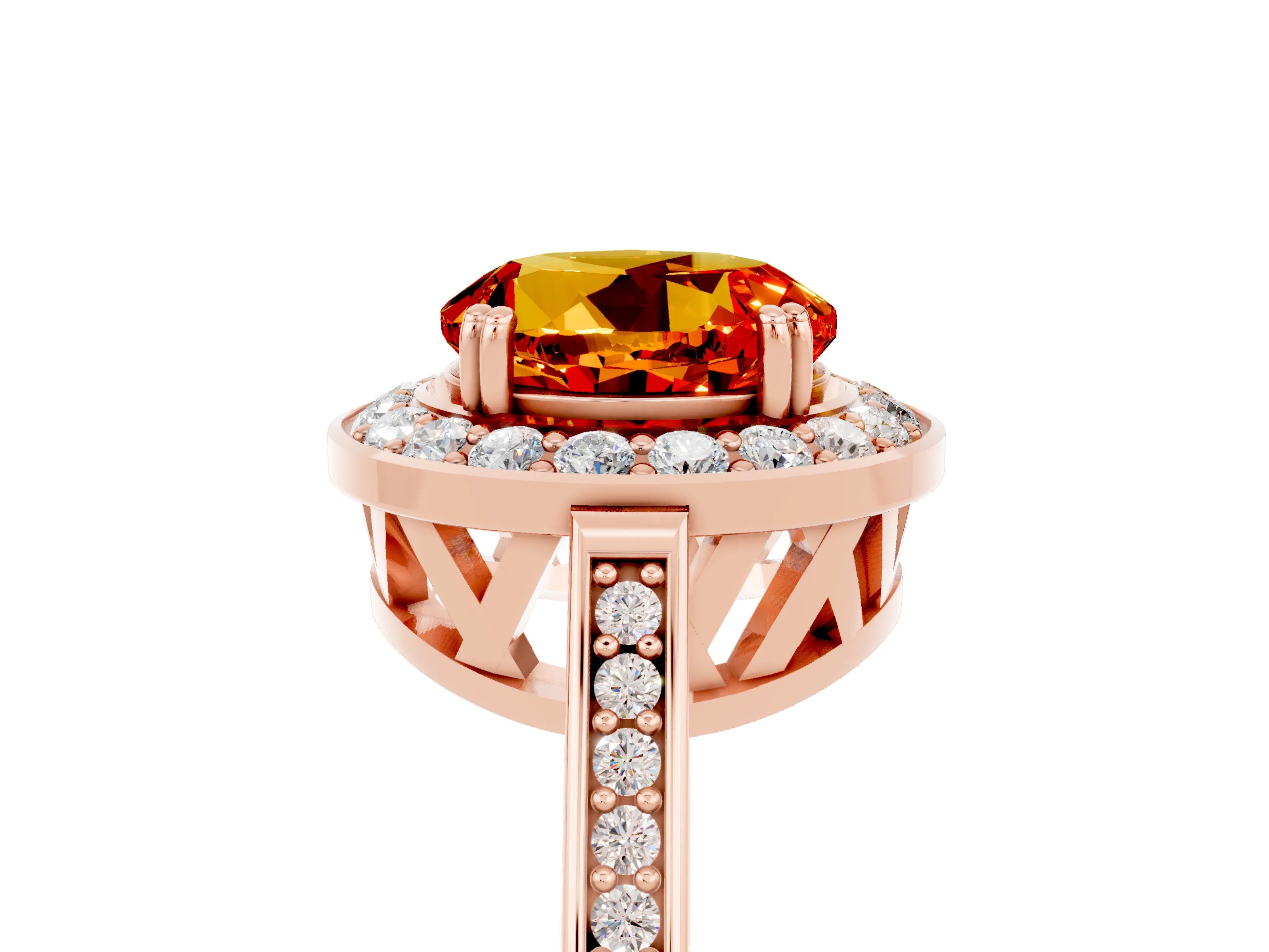 Rose gold {shape_name} Citrine Halo Ring with Split Shank and Four-Prong Setting_5