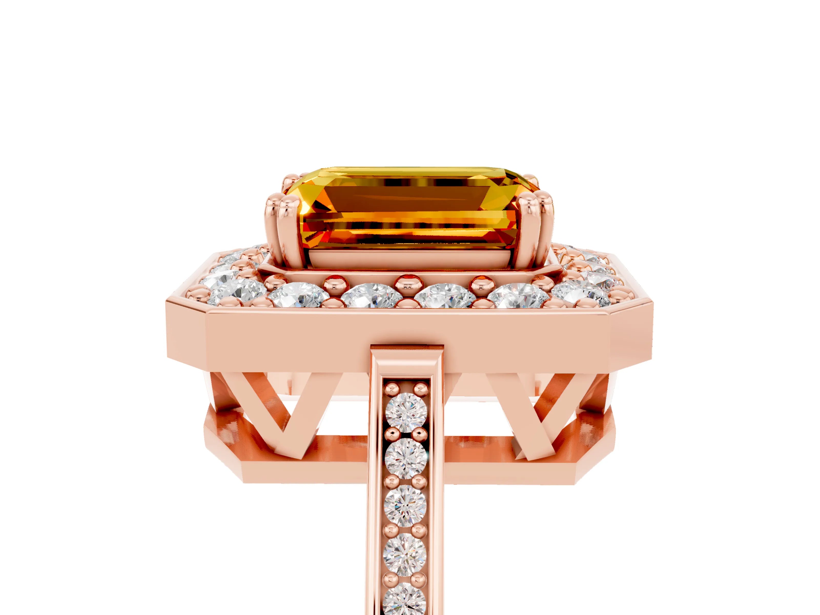 Rose gold {shape_name} Citrine Halo Ring with Split Shank and Four-Prong Setting_5