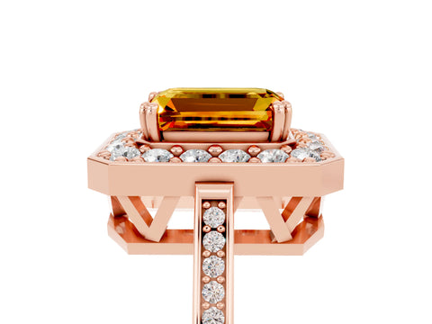 Rose gold {shape_name} Citrine Halo Ring with Split Shank and Four-Prong Setting_5