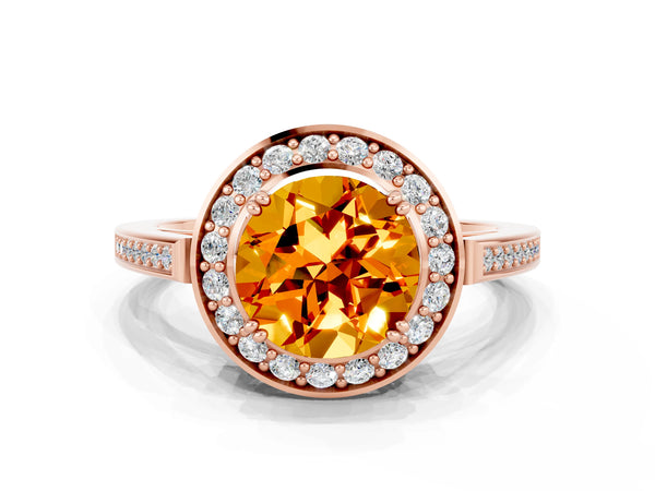 Rose gold Round Cut Citrine Halo Ring with Split Shank and Four-Prong Setting