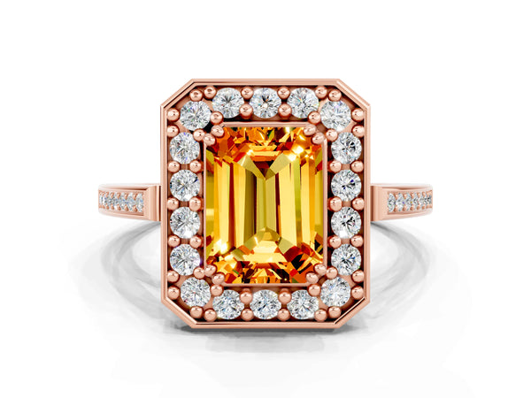 Rose gold Emerald Cut Citrine Halo Ring with Split Shank and Four-Prong Setting
