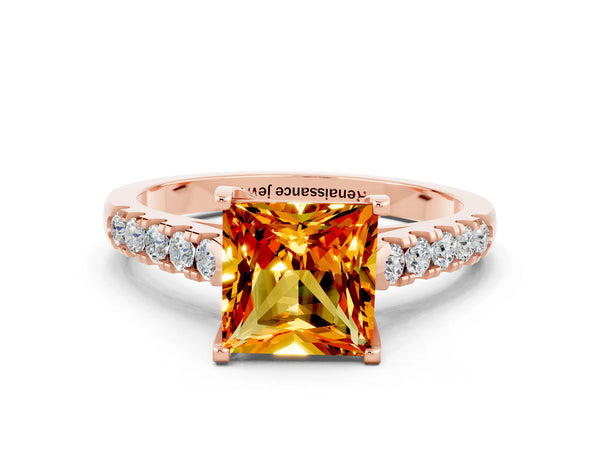 Rose gold Princess Cut Citrine Pavé Band Solitaire Ring with Prong Setting