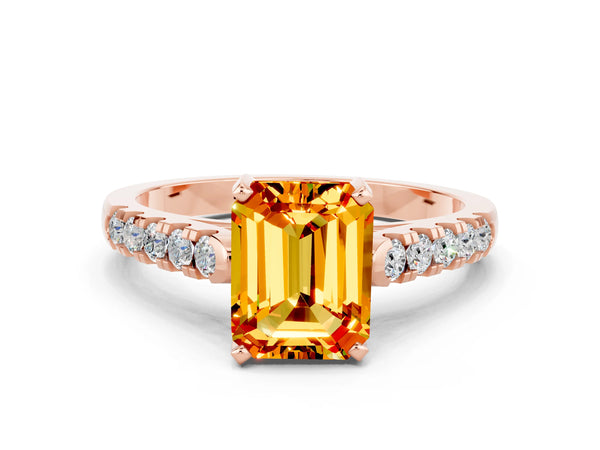 Rose gold Emerald Cut Citrine Pavé Band Solitaire Ring with Prong Setting