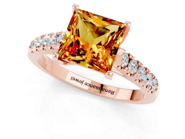 Rose gold Princess Cut Citrine Pavé Band Solitaire Ring with Prong Setting