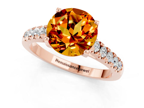 Rose gold {shape_name} Citrine Solitaire Ring with Pavé Band and Four-Prong Setting_1