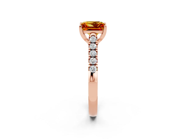 Rose gold Princess Cut Citrine Pavé Band Solitaire Ring with Prong Setting