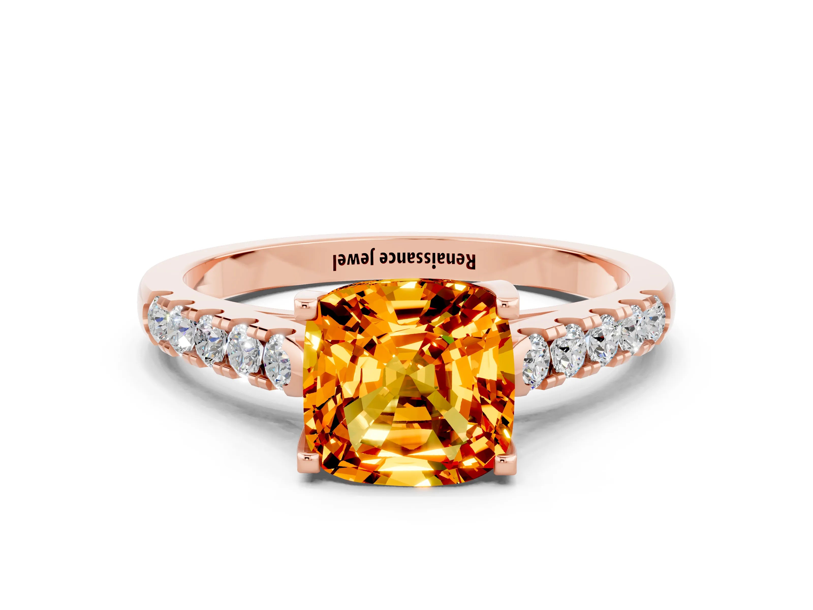 Rose gold {shape_name} Citrine Solitaire Ring with Pavé Band and Four-Prong Setting