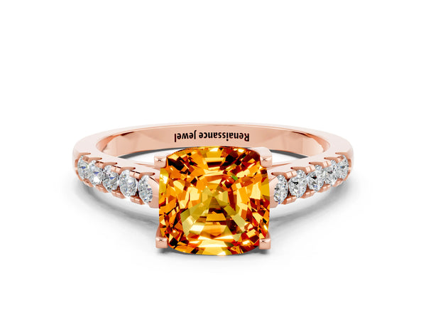 Rose gold Cushion Cut Citrine Pavé Band Solitaire Ring with Prong Setting