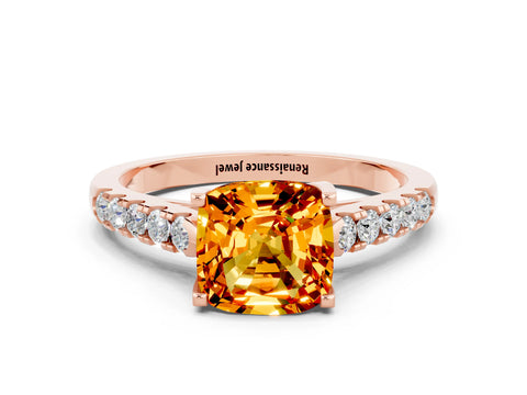 Rose gold {shape_name} Citrine Solitaire Ring with Pavé Band and Four-Prong Setting