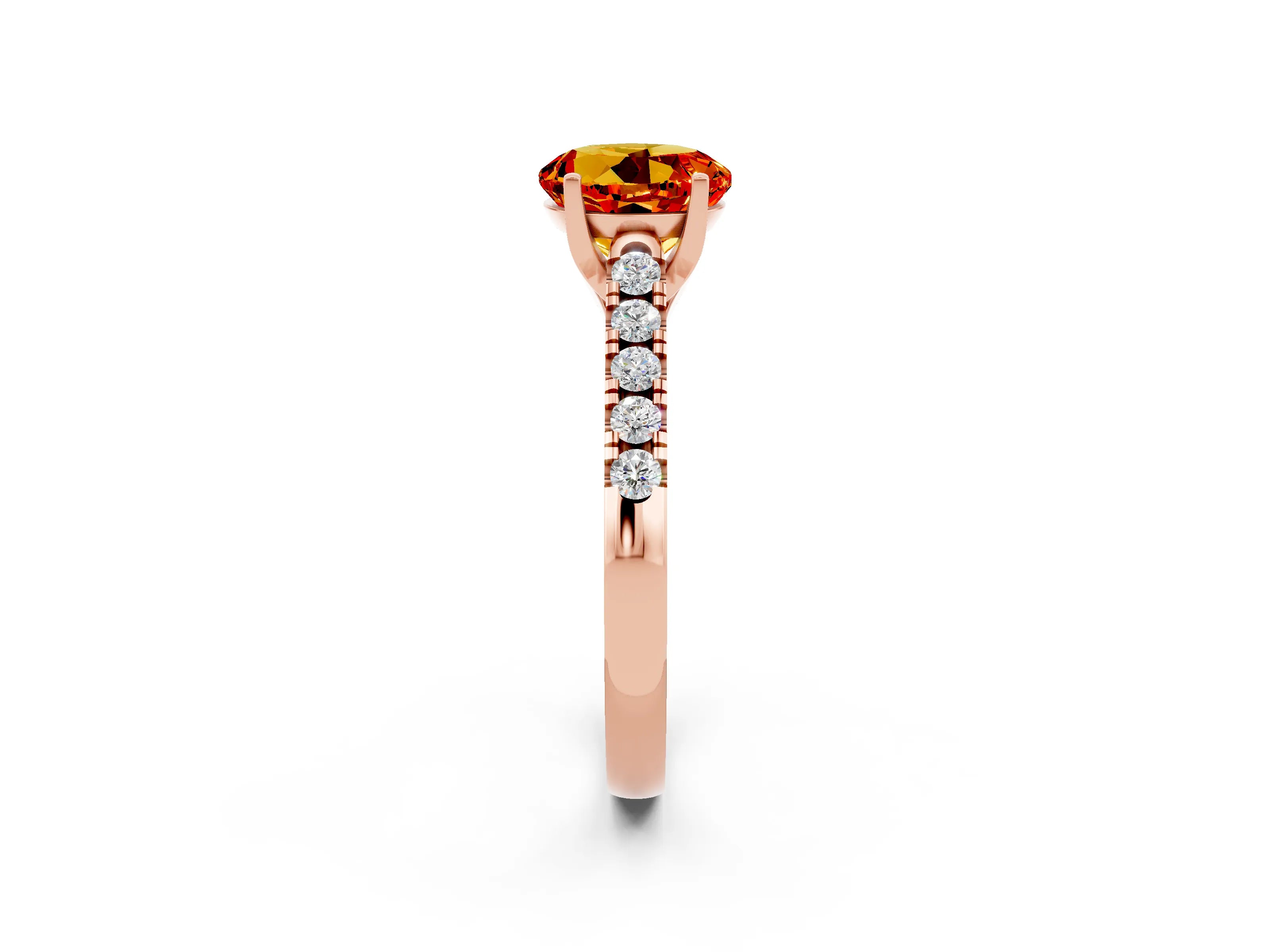 Rose gold {shape_name} Citrine Solitaire Ring with Pavé Band and Four-Prong Setting_2