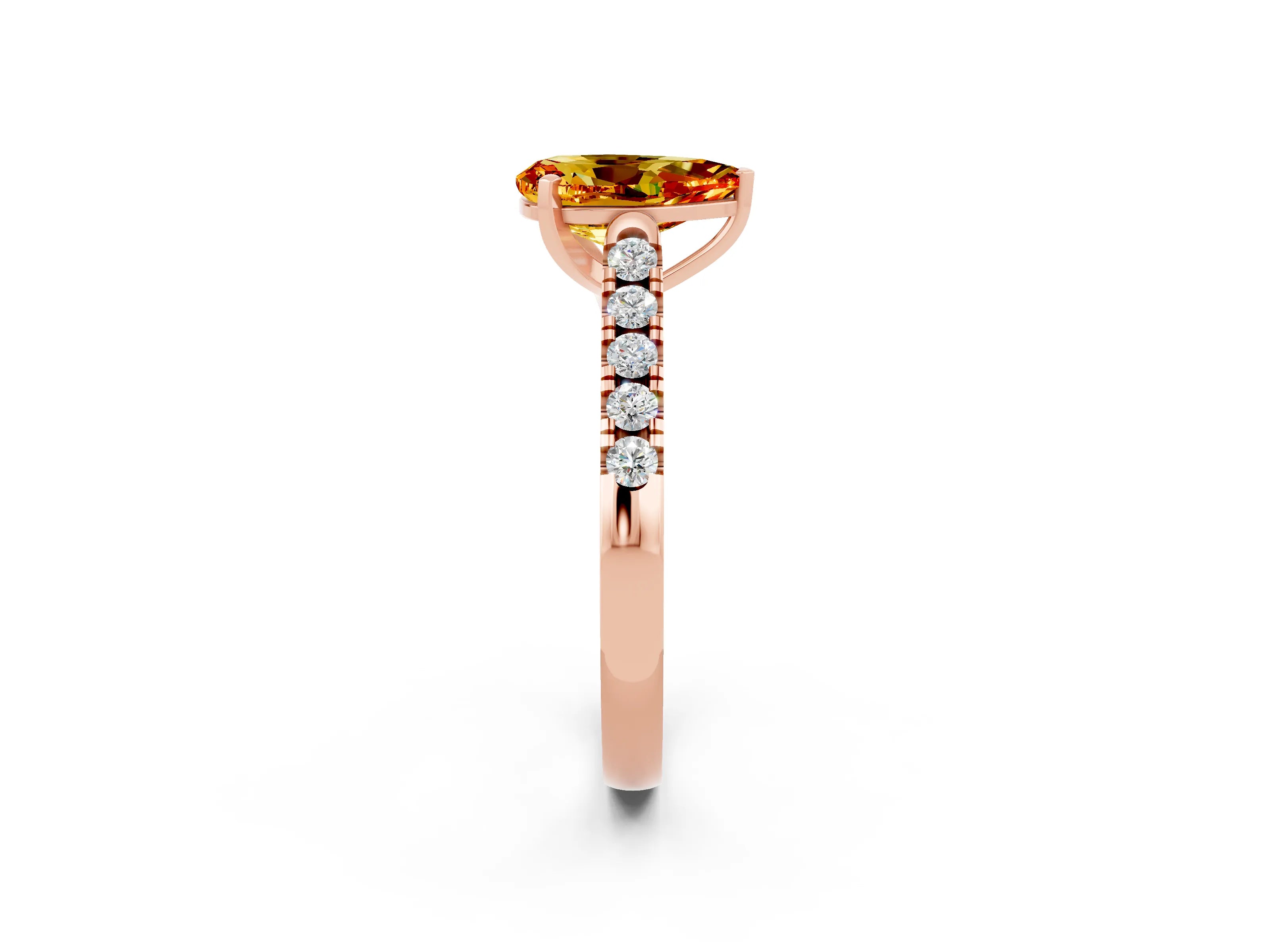 Rose gold {shape_name} Citrine Solitaire Ring with Pavé Band and Four-Prong Setting_2