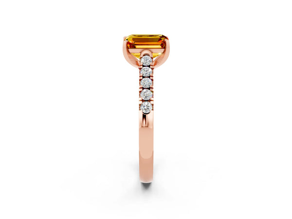 Rose gold Emerald Cut Citrine Pavé Band Solitaire Ring with Prong Setting