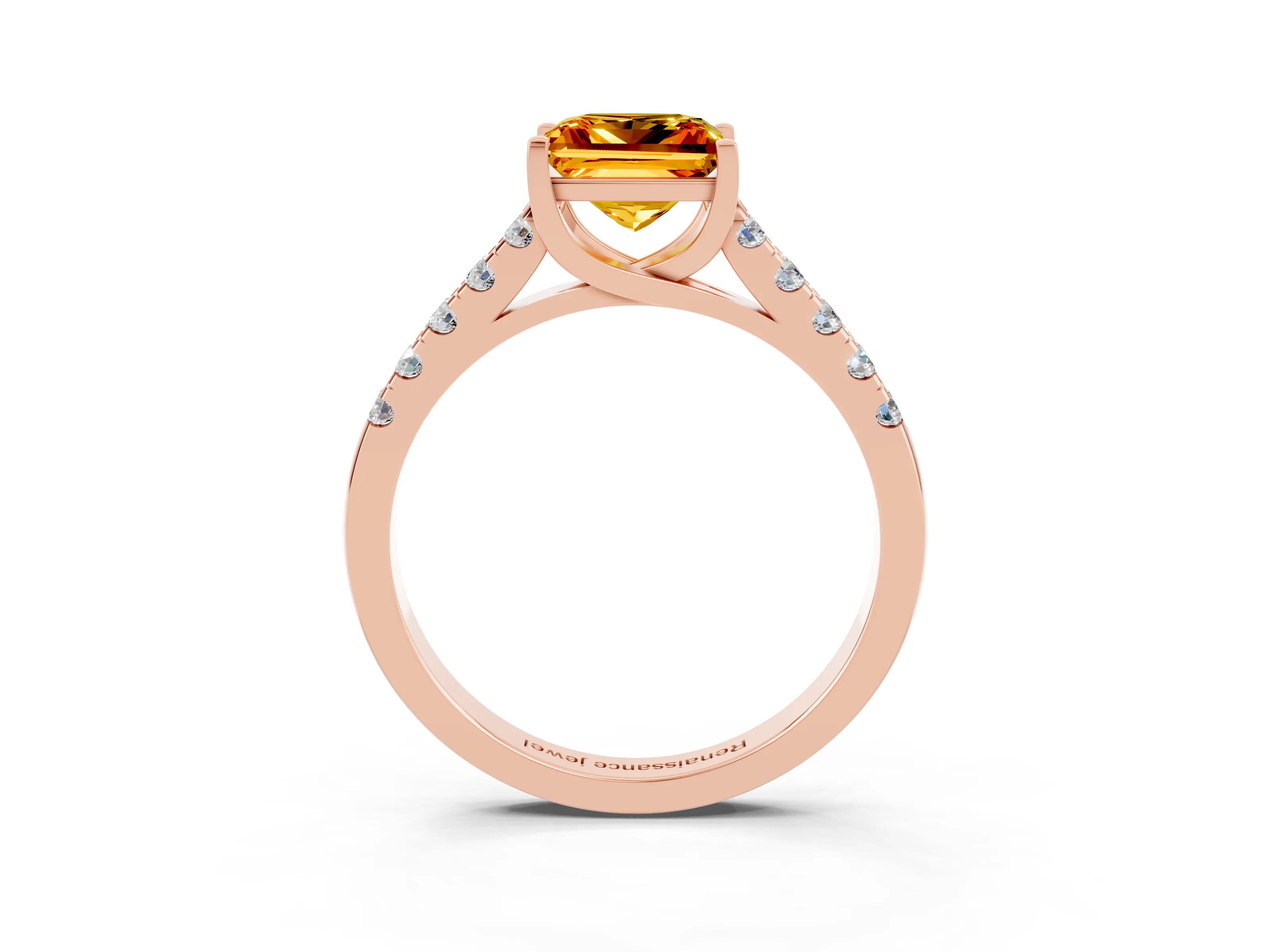Rose gold {shape_name} Citrine Solitaire Ring with Pavé Band and Four-Prong Setting_3