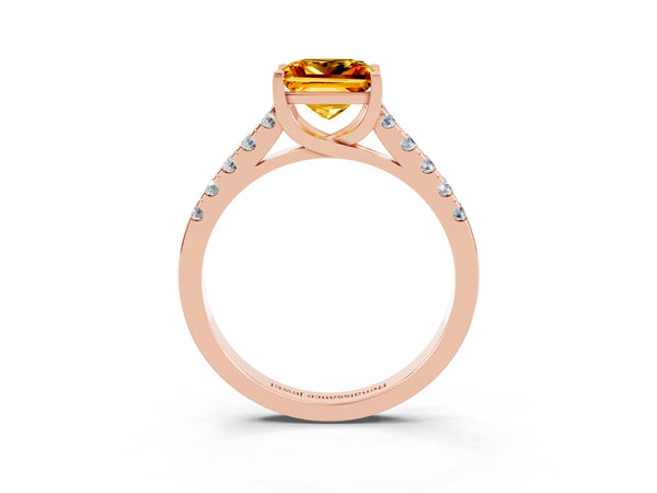 Rose gold Princess Cut Citrine Pavé Band Solitaire Ring with Prong Setting