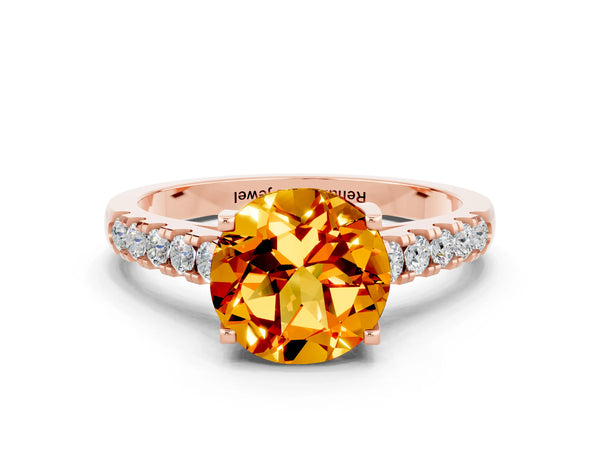 Rose gold Round Cut Citrine Pavé Band Solitaire Ring with Prong Setting