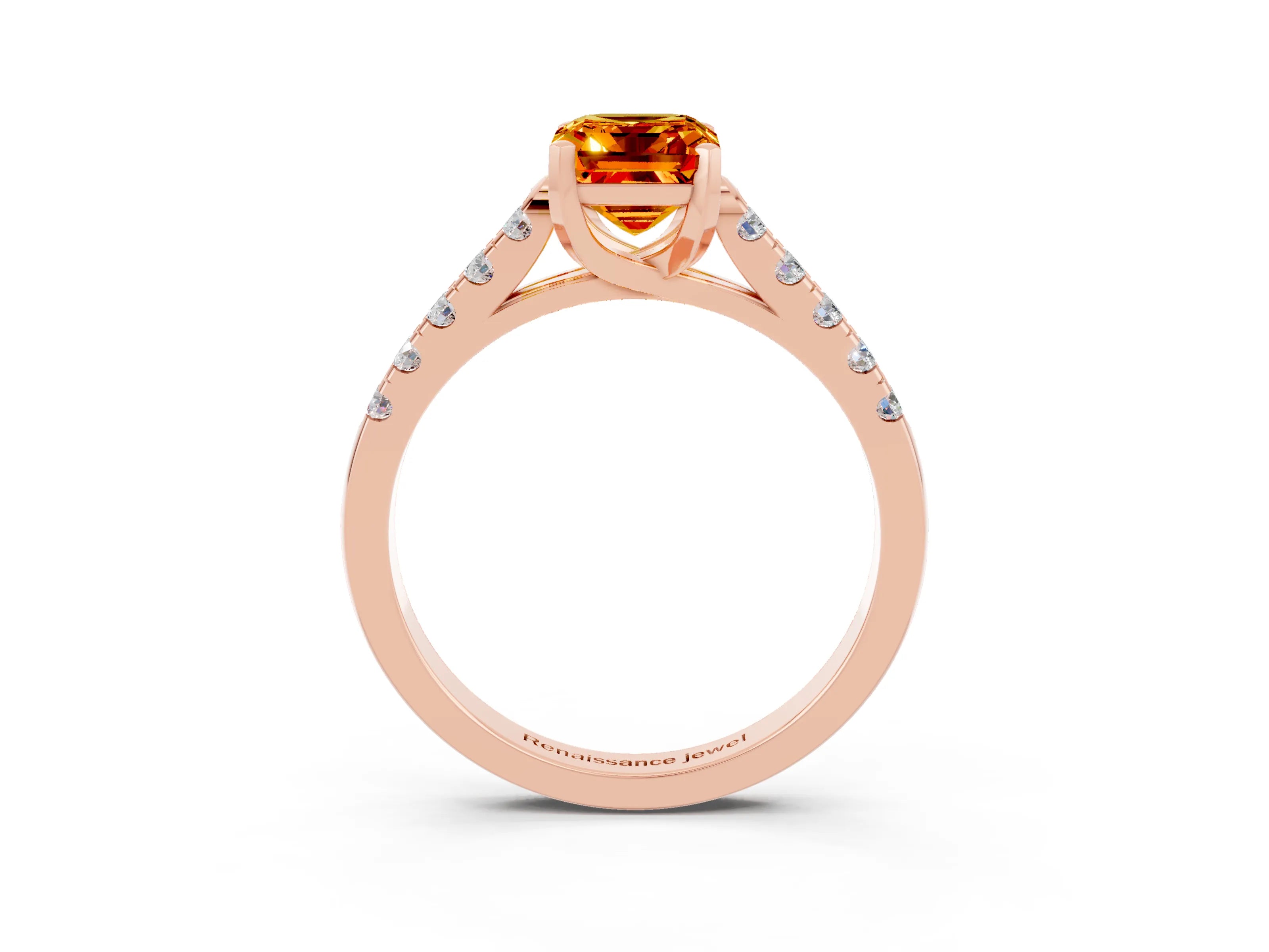 Rose gold {shape_name} Citrine Solitaire Ring with Pavé Band and Four-Prong Setting_3