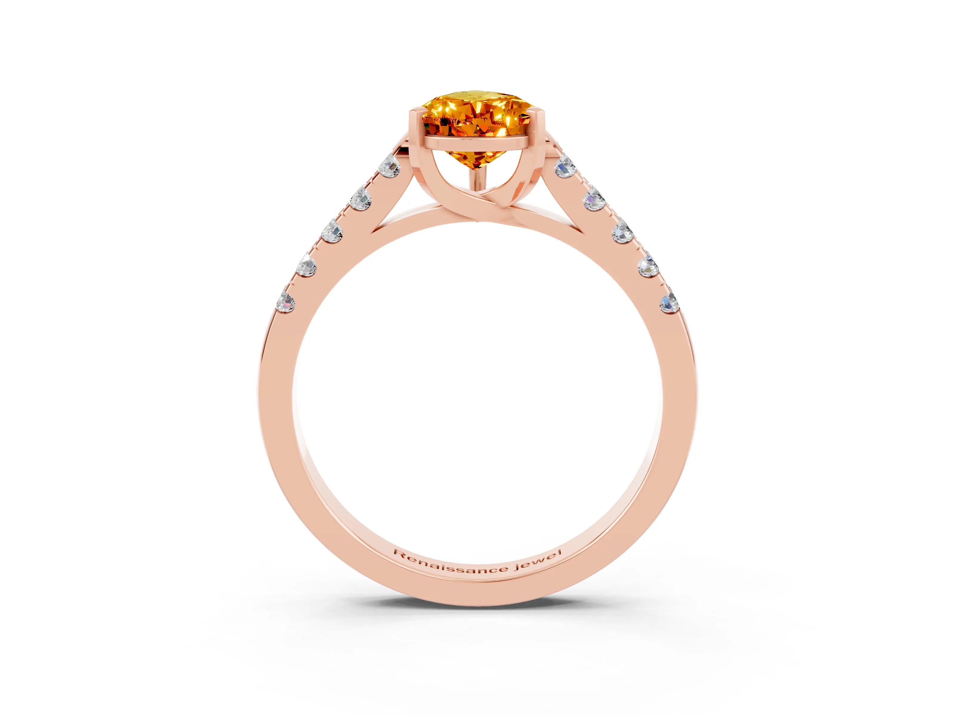 Rose gold {shape_name} Citrine Solitaire Ring with Pavé Band and Four-Prong Setting_3
