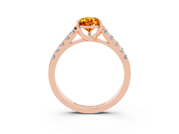 Rose gold Pear Cut Citrine Pavé Band Solitaire Ring with Prong Setting