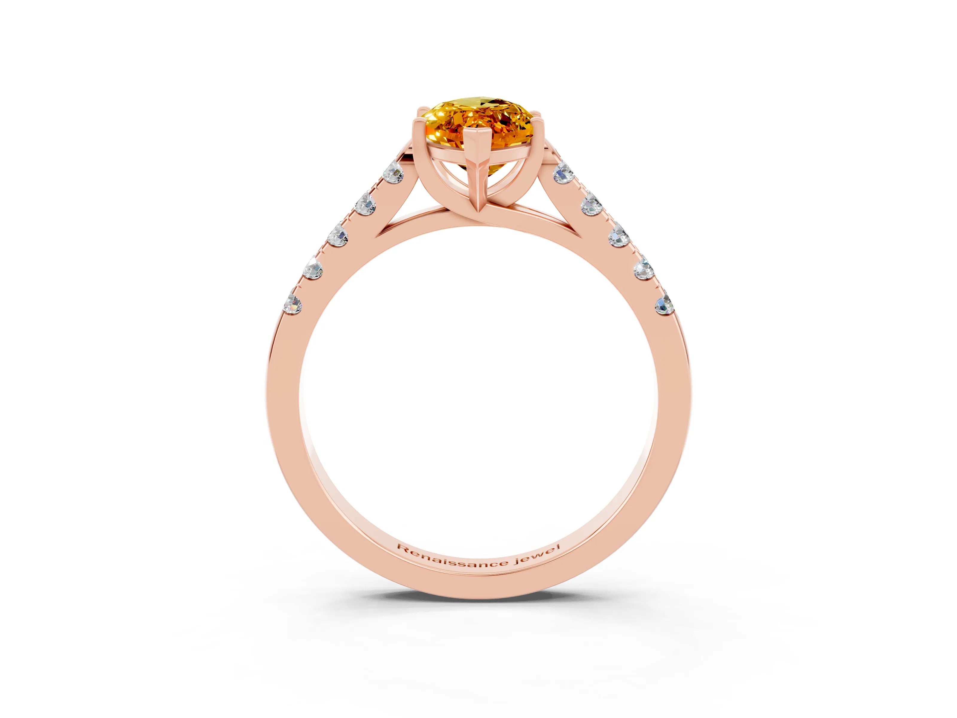 Rose gold {shape_name} Citrine Solitaire Ring with Pavé Band and Four-Prong Setting_3