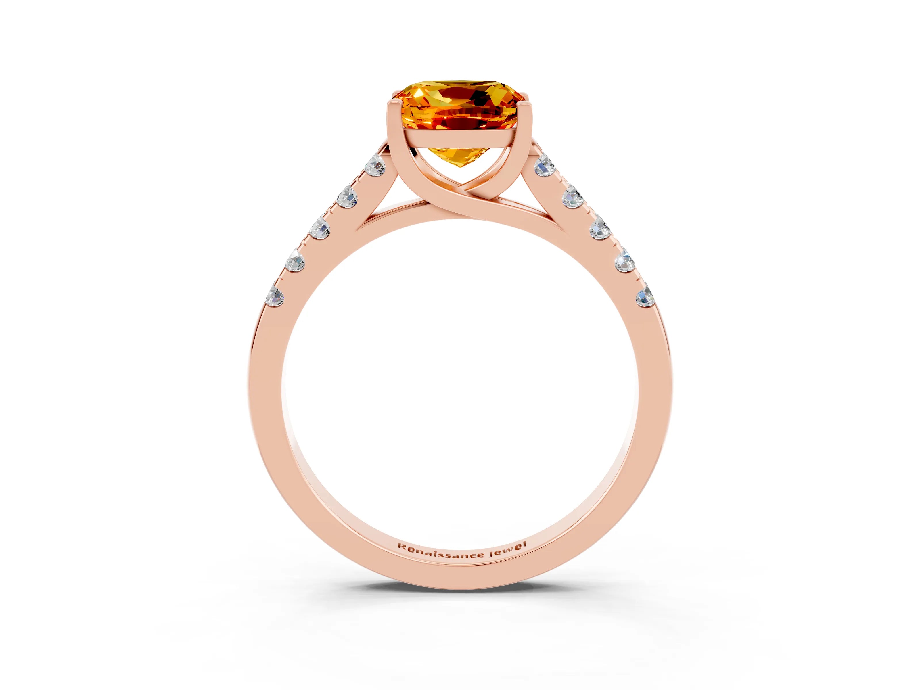 Rose gold {shape_name} Citrine Solitaire Ring with Pavé Band and Four-Prong Setting_3