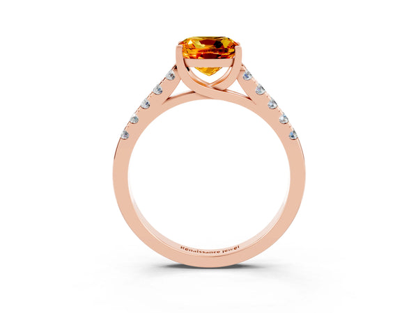 Rose gold Cushion Cut Citrine Pavé Band Solitaire Ring with Prong Setting