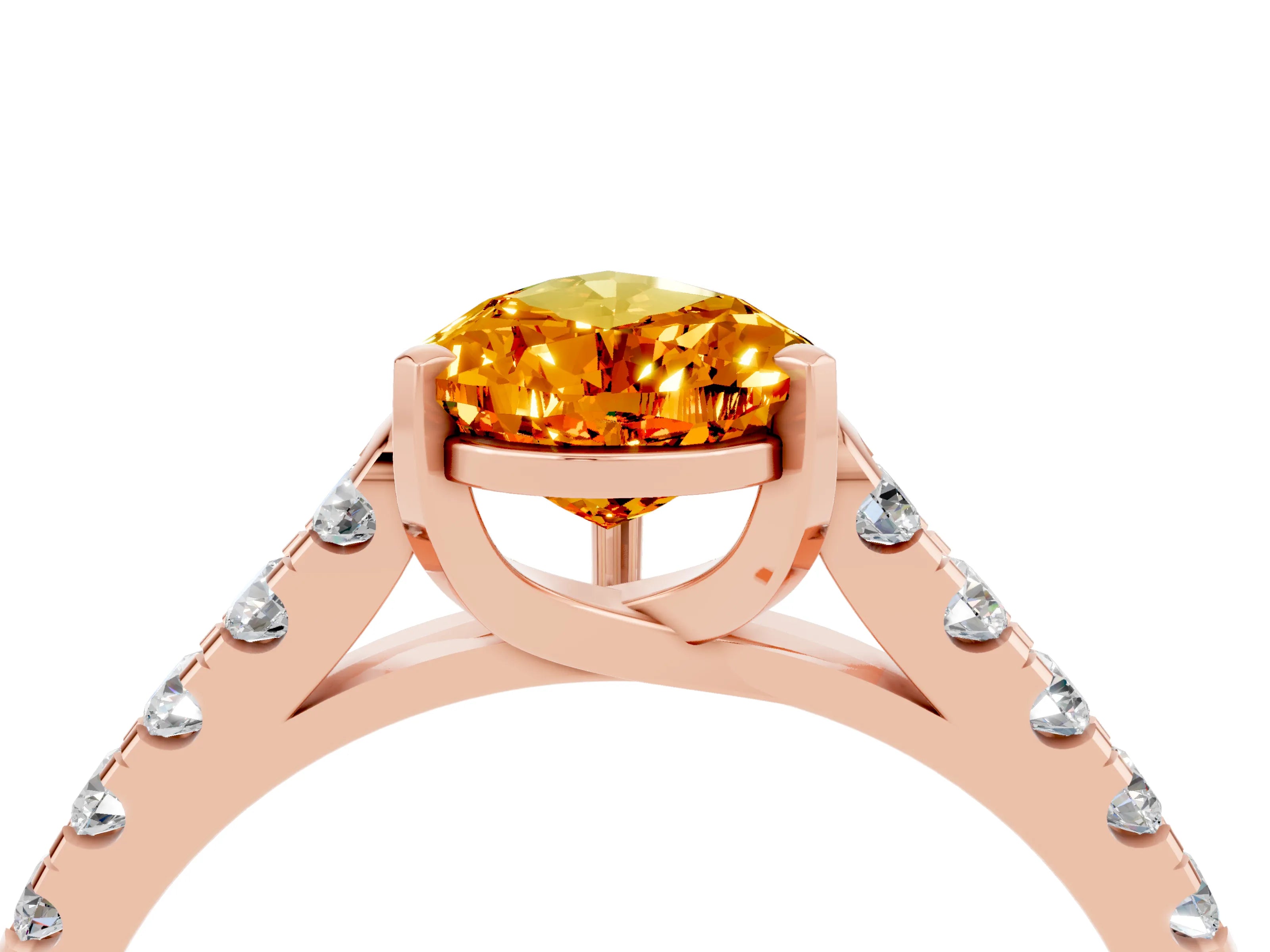 Rose gold {shape_name} Citrine Solitaire Ring with Pavé Band and Four-Prong Setting_4
